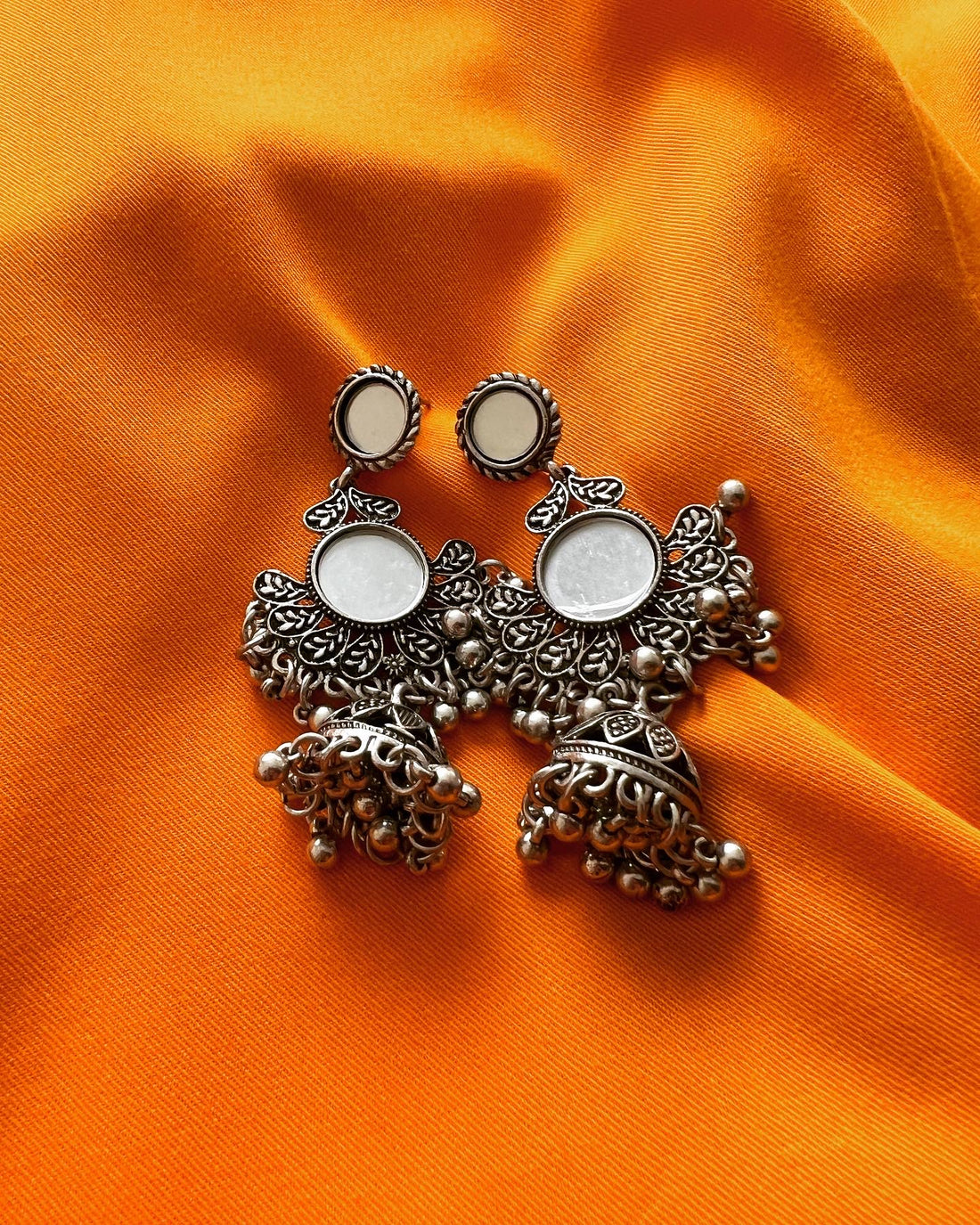 Oxidized silver mirror-work jhumkas